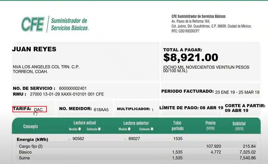 Ejemplo de Tarifa DAC en un recibo de la luz de CFE.