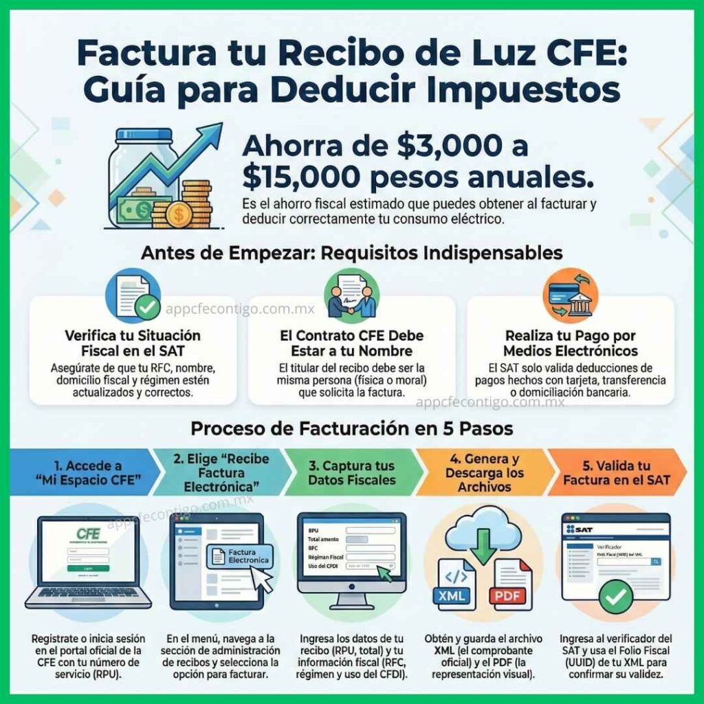 Cómo Facturar tu Recibo de Luz CFE: Guía Completa CFDI para Deducir Impuestos 2 infografia facturar a cfe proceso paso a paso