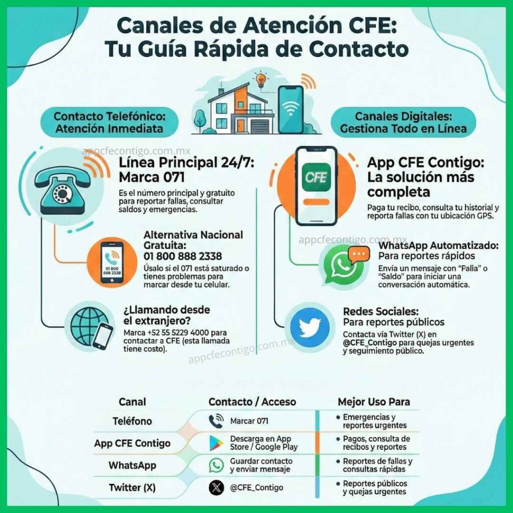 Teléfonos CFE: Guía Completa de Números de Contacto y Atención al Cliente 2 canales de atencion cfe infografia